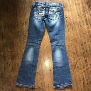 Miss Me 27 shimmery blingy patch western boot cut distressed jeans